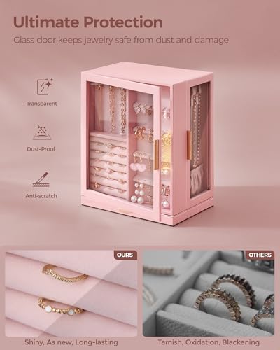 Glimmloop 360° Rotating Jewelry Box with 5 Drawers, Spacious Vertical Jewelry Organizer with Glass Window, Jewelry Storage Case, Dustproof & Moisture-resistant Design, Pink - color: Pink, size: 5 Drawers (6.2"D x 9.2"W x 11.4"H)