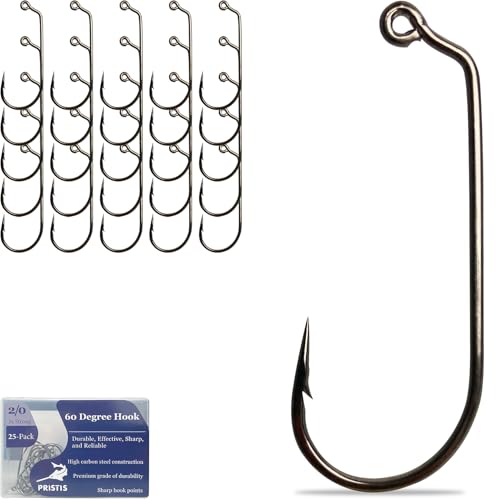 Pristis 25 Pack High Carbon Steel Fishing Hooks, Reinforced EWG Circle Octopus Round Bend 60 Degree Wide Gap Strong Barbed Worm Fish Hook Jig Bait Rig for Saltwater Freshwater Bass Tuna Walleye Trout - color: 60 Degree, size: 2/0