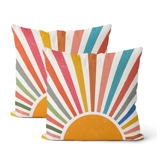 Summer Pillow Covers 16x16 Inch Set of 2 Boho Rainbow Sunshine Outdoor Outdoor Decorative Throw Pillows Seasonal Colorful Stripes Sun Pillowcases Linen Cushion Covers for Bed Sofa Couch - color: Rainbow Sun-3, size: 16" x 16" (Pack of 2)