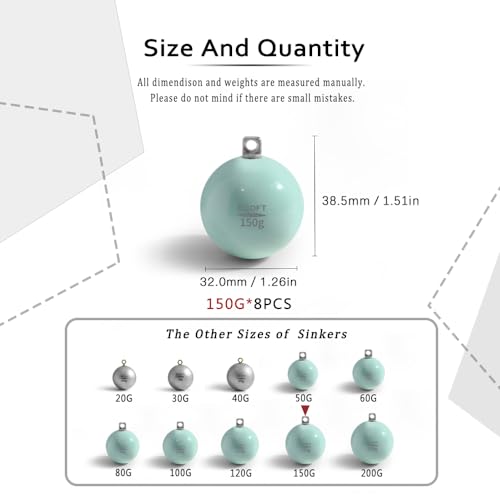 Lead Free Fishing Weights Sinkers 20g-200g Coated Egg Sinkers Cannonball Weights Assorted Sizes Bag and Fishing Weights Assortment Box Non-Lead Fishing Weights Saltwater Freshwater - style: 150g(5.29oz)-8pcs