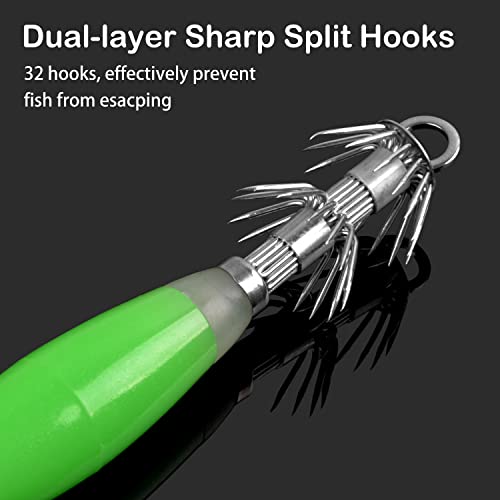 Luminous Squid Jig Hooks Saltwater Glow Squid Jigs Fluoresent Cuttlefish Sleeve Fishing Jigs Squid Hard Night Fishing Bait Octopus Lure Glow in Dark Green Color - color: 5pcs