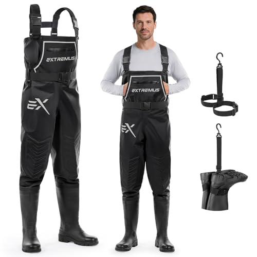 Extremus MarshPro Fishing Waders for Men, 100% Waterproof PVC Chest Waders with Slip-Resistant Boots - color: Black, size: 5
