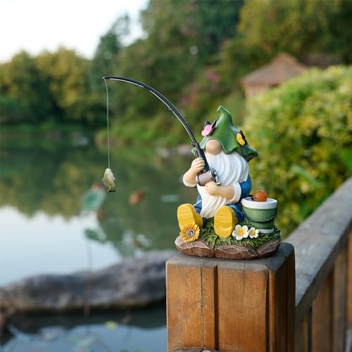 TERESA'S COLLECTIONS Resin Outdoor Statues with Solar Outdoor Lights for Garden Decor, Funny Garden Gnome Fishing Decorations for Outside Yard Porch Patio Lawn, Ideal Gift for Women and Man 7.2" - size: Medium