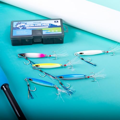 Goture Fishing Jigs, 30g 40g 50g 60g Vertical Jig Saltwater Freshwater, Jig Lures with Assist Hook and Treble Hook, 5PCS Jigging Spoon Lures with Tackle Box, Fishing Jigs for Tuna, Salmon, Bass - color: A1 with Tackle Box, size: 60g