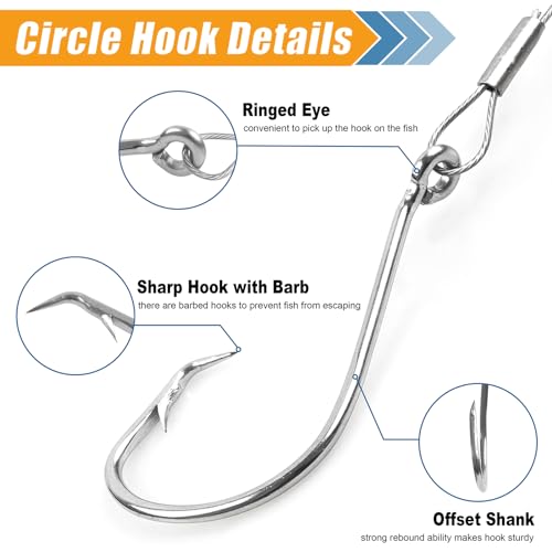 Circle Hooks Rigs Saltwater Fishing Leader Wire, 20pcs Circle Hooks with Steel Wire Leaders Catfish Rig for Bass Surf Fishing Striper Snapper Flounder - size: 8/0-20Pack