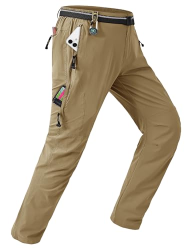 TBMPOY Men's Lightweight Hiking Pants with Belt 5 Zip Pockets Waterproof Quick-Dry Travel Fishing Work Outdoor Pants - color: A2-thin Khaki, size: Small
