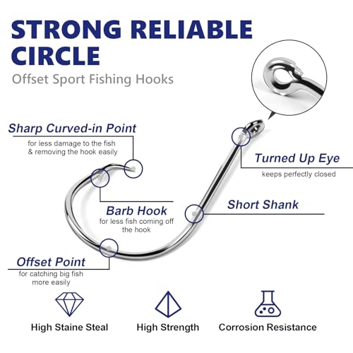 UCEC Circle Hooks Fishing Hooks 2X Strong Offset Circle Hooks Saltwater Black High Carbon Steel Octopus Catfish Hooks Fishing Gear Tackle 150pcs/ 240pcs - Size:#1 1/0 2/0 3/0 4/0 5/0 6/0 8/0 - color: Silver Assortment, size: 180pcs, 1/0 2/0 3/0 4/0 5/0 6/