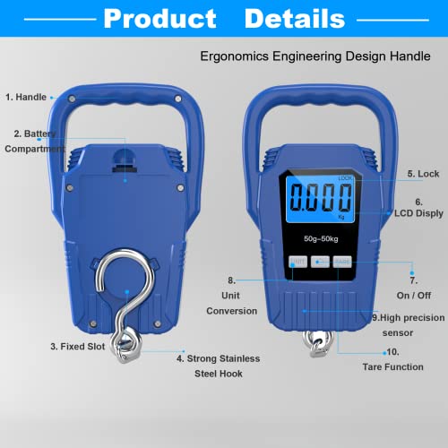 Digital Fish Scale Hanging Scale Fishing Scale,110lb/50kg Luggage Scale,Upgrade Large Handle & Backlit LCD Display, Electronic Balance Digital Fishing Postal Scale,Blue,Fishing Gifts for Men - color: Blue