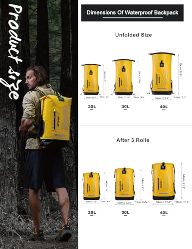 IDRYBAG Waterproof Backpack for Men 20L/30L/40L, Floating Dry Bag Kayak, Dry Backpack Hiking - color: Yellow, size: 40L