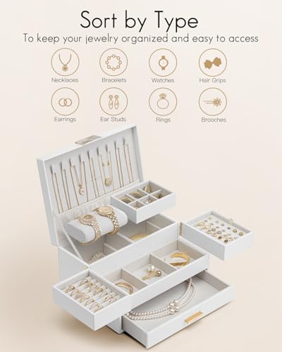 VLANDO 3 Layer Jewelry Box - Women Jewelry Box with Retractable Tray - Jewelry Organizers with Drawer for Necklaces, Rings, Bracelets, Earrings, Gift for Couples Mom Girls - White - color: D.White, size: 3-Layer