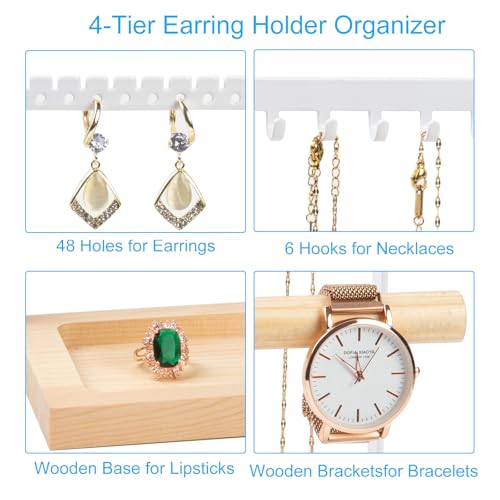 Jewelry Organizer Stand, Jewelry Holder, Lengnoy 4 Tier Earring Holder with 48 Holes and 6 Hooks Necklace Organizer Wood Box for Necklace Bracelet Earring Ring, White - color: White, size: 11 IN