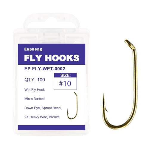 Eupheng Fly Fishing Hooks 100pc Pack Micro Barbed High Carbon Steel Bronze Forged for Dry Flies, Curved Nymphs, Shrimp,Caddis Pupa - color: EP FLY-WET-0002, size: #10