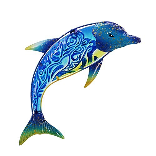 John's Studio Dolphin Wall Decor Outdoor Metal FIsh Sea Hanging Art Glass Sculptures Home Ocean Theme Decorations for Living Room, Bedroom, Yard, Fence and Patio - 17.5 Inches - color: Dolphin