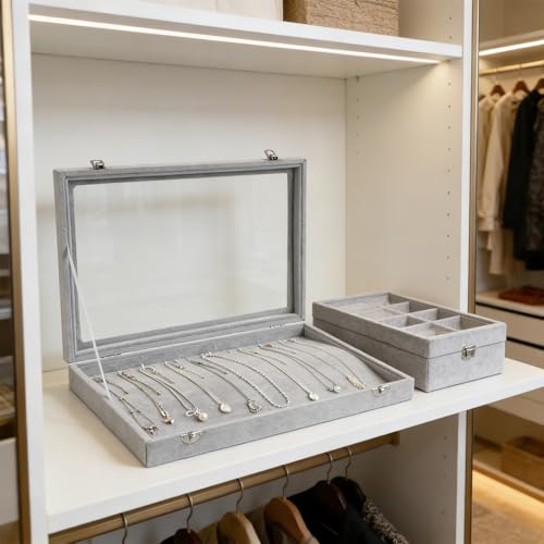 Wudygirl 20 Hooks Necklace Organizer Velvet Jewelry Organizer Showcase for Necklaces Jewelry Box Stackable Glass Top Lockable (Necklace Organizer) - color: Gray, size: Necklace