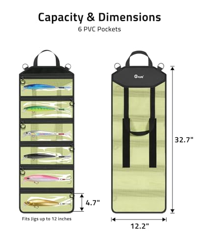 CVLIFE Fishing Tackle Bag, Lure Wrap Organizer, Soft Plastic Lure Bait Storage with 6 PVC & Mesh Pockets, Includes 30 Treble Hook Covers, 130 Single Bonnets, Retractable Hook Sharpener, Yellow