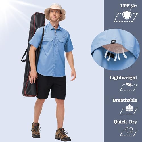 Satankud Fishing Shirts for Men Short Sleeve Sun Protection Cooling Hiking Shirt for Travel Safari Camping Work - color: Mist Blue, size: X-Large