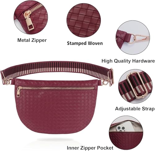 Woven Crossbody Bags for Women Leather Belt Bum Sling Purse Fanny Waist Pack Chest Shoulder Bag for Women-Burgundy - color: Burgundy