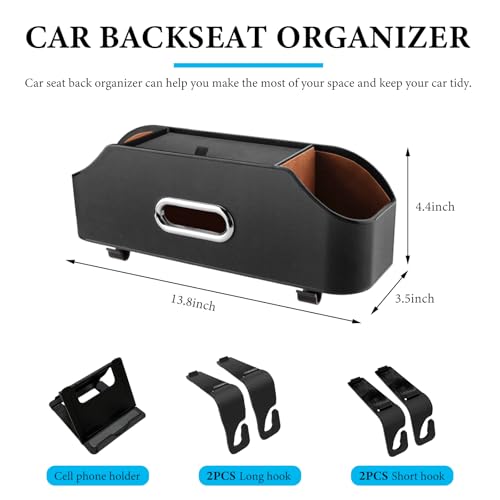 Car Seat Back Organizer with 2 Drink Cup Holder, Headrest Rear Seat Storage Organizer with Tissue Box and Hook, Multi-Functional Backseat Hanging Storage Box for Kids Travel (Black) - color: Black
