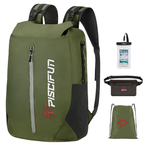 Piscifun Dry Bag Waterproof, Lightweight Dry Backpack Roll-Top Sealed with Waist Pouch and Phone Case Keeps Gear Dry Inside for Kayaking, Boating - color: Army Green, size: 20L