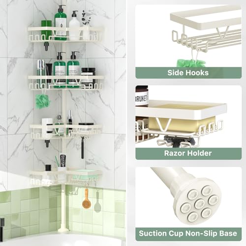 DAOYA Corner Shower Caddy Tension Pole, 4-Tier Adjustable Corner Shower Caddy with Soap Dish & Razor Holder, Stainless Steel Tension Pole Shelf Fits Bathtub & Floor 25-114.2 inches(Off-white) - color: Off-white