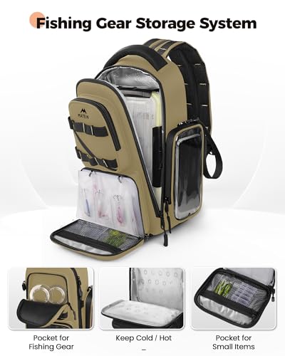MATEIN Fishing Sling Bag with Lure Rod Holder & Phone Pouch, Waterproof 3600 Tackle Box Backpack with Removable Bait Binder - color: Khaki & Black