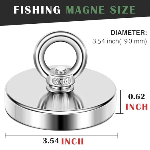 DIYMAG Super Strong Neodymium Fishing Magnets, 1000 lbs(453 KG) Pulling Force Rare Earth Magnet with Countersunk Hole Eyebolt Diameter 3.55 inch(90mm) for Retrieving in River,Lifting and Pick up - size: 90mm