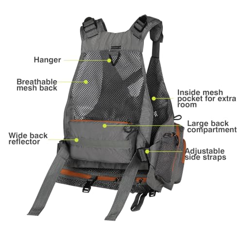 Gonex Fly Fishing Vest for Men Women, Comfortable Adjustable Fishing Vest with Multi-Pockets Reflective Stripes - color: Dark Brown