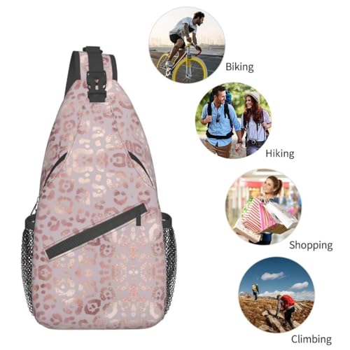 Leopard Print Sling Bag for Women - Elegant Rose Gold Texture Foil Effect Crossbody Bag - Casual Chest Shoulder Backpack Travel Daypack - color: Leopard Skin Rose Gold