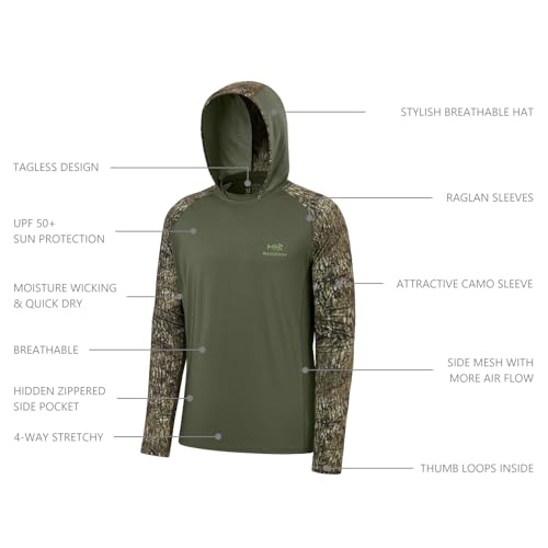 BASSDASH Men’s UPF 50 Performance Fishing Shirt Cooling Hoodie Camo Long Sleeve FS17M - color: Olive Green/Moss Wood, size: Large