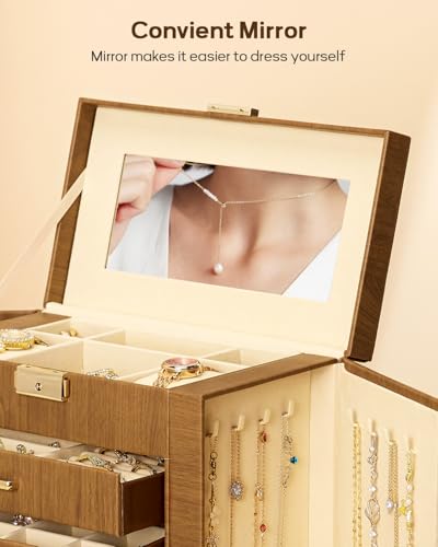 Homde Synthetic Leather Huge Jewelry Box Mirrored Watch Organizer Necklace Ring Earring Storage Lockable Gift Case (Brown + Gold) - color: Brown + Gold