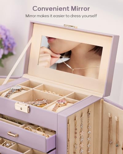 Homde Synthetic Leather Huge Jewelry Box Mirrored Watch Organizer Necklace Ring Earring Storage Lockable Gift Case (Grey Purple + Gold) - color: Grey Purple + Gold