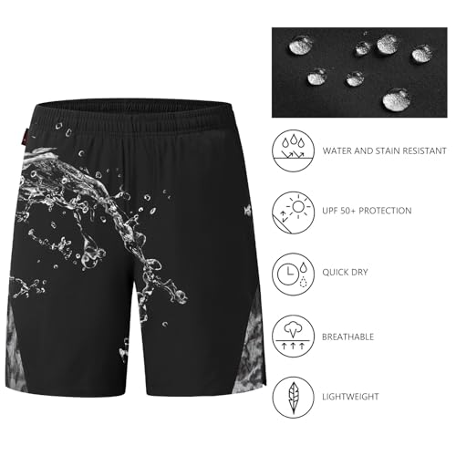 BASSDASH Men’s 7” Fishing Shorts UPF 50+ Lightweight Water Resistant Quick Dry for Hiking with Zipper Pocket FP06M - color: Black/Splash Black, size: Small
