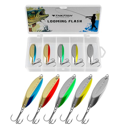 THKFISH Fishing Lures Fishing Spoons Lures Trout Lures for Trout Pike bass Crappie Walleye 3.5g(1/8oz) 5.5g(1/5oz) 7.5g(1/4oz) 10.5g(3/8oz) 14.5g(1/2oz) 21.5g(3/4oz) 5pcs - color: Color B, size: 1-3/8oz 5pcs