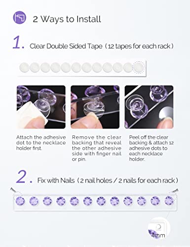 Acrylic Necklaces Holder Wall Mounted Necklace Hangers Hanging Jewelry Organizer with 12 Hooks, Clear Jewelry Hangers for Necklace Organizer for Girls Women, Necklace Hooks for Wall (Purple, 2 Pack) - color: Purple – 2Pack