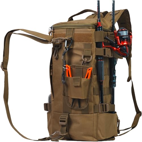 kokkoya Small Fishing Bag Tackle Backpack with Rod Holder 16L Lightweight Backpack for Fishing Hiking Kayaking Outdoor Gear Storage for Men (Khaki) - color: Khaki
