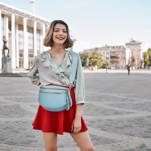 Pure Colour Crossbody Bum Bags for Women Spacious Checkered Cross body Bag Nylon Trendy Fanny Pack for Travel - color: Light Blue