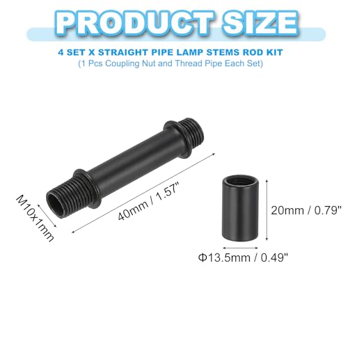 PATIKIL Straight Pipe Lamp Stems Rod Kit, 4Set M10 Carbon Steel 40mm(1.57") Long Double End Thread Rod with Coupling Nuts Sleeve Connector for Table Lamps Chandeliers, Black - color: Black, size: 40mm(1.57")