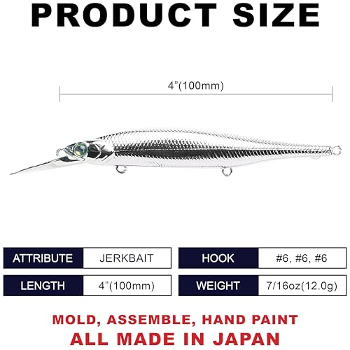 LUCKY CRAFT Lightning Pointer 100DD MG-S Fishing Lures, 4” Suspending Jerkbait Bass Lure, 15ft Depth Hard Bait, Freshwater Trout Lures, Premium Fishing Gear and Freshwater Tackle Box Equipment - color: 374 FFS All Chrome