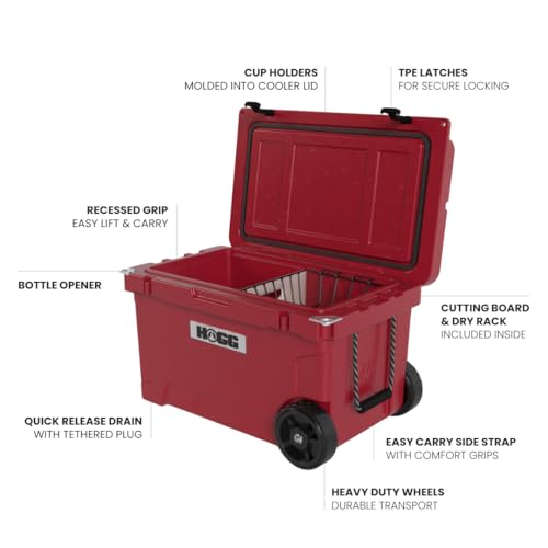 Hogg Rotomolded Coolers, Ice Chest with Wheels, Wheeled Cooler, Rotomolded Ice Chest, Dry Storage, Fishing and Camping Items, Birthday Gifts for Men - color: Harvest Red, size: 45qt