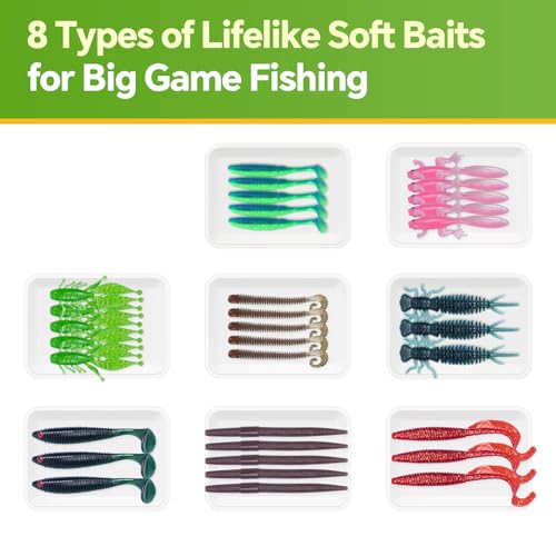 Clearance Bionics-Designed Durable Soft Plastic Fishing Lures Kit with Bonus Accessories, 3/4/5/6 Inch, 9-Type Lifelike Swimbaits in One Gear Set Included Tackle Box for Bass - color: Green Lures Kit