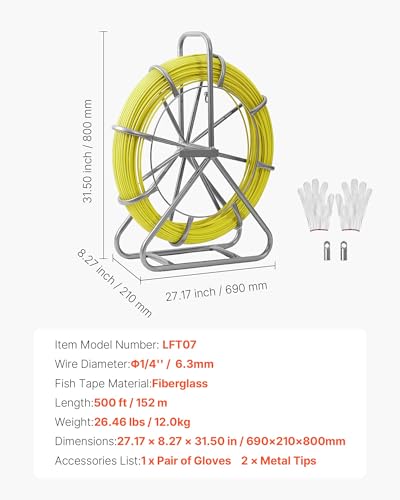 VEVOR Fish Tape Fiberglass, Duct Rodder Fishtape Wire Puller with Stand, 1/4-Inch Cable Running Rod, Marked Every 5 Feet, Fishing Tools for Walls and Electrical Conduit, Non-Conductive - size: 27.17 x 8.27 x 31.50 in / 690 x 210 x 800 mm