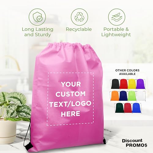 DISCOUNT PROMOS Custom Non-Woven Drawstring Backpacks Set of 10/50/100, Personalized Bulk Pack - color: Pink, size: 10/50/100