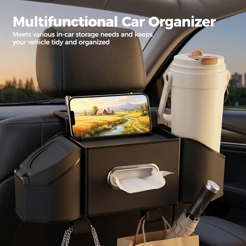 7-in-1 Car Seat Back Organizer, Multifunctional Storage with Cup Holder, Dual-Use Trash Can, Tissue Box, 2 Hooks, Easy to Install Back Seat Car Organizer