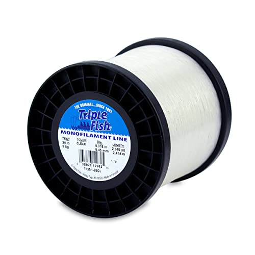 Triple Fish Monofilament Fishing Line - Strong Clear Pink Camo Color for Trolling, Bottom Fishing, Casting Main Line Catfish, Bass - color: Clear, style: 20 Lb Test / 1 Lb Spool