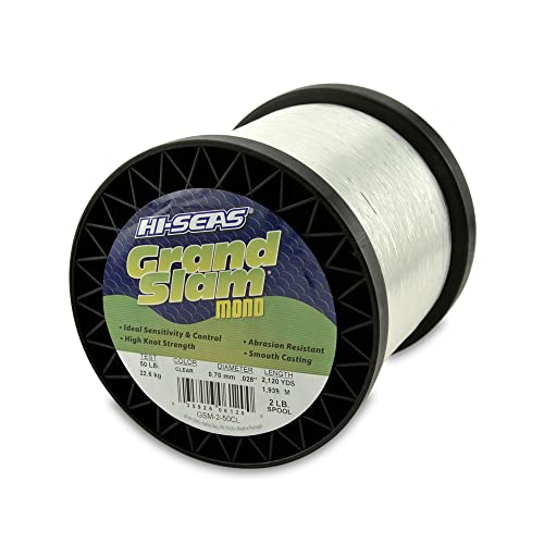 HI-SEAS Grand Slam Monofilament Fishing Line - Strong & Abrasion Resistant in Clear, Pink, Green, Smoke Blue, Fluorescent Yellow Freshwater & Saltwater - 2 lb Spool - color: Clear, style: 50 Lb Test, 0.70 Mm Dia, 2120 Yd