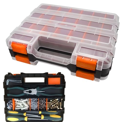 Tools Organizer Box Small Parts Storage Box 50-Compartment Double Side Hardware Organizers with Removable Plastic Dividers for Screws, Nuts, Nails, Bolts, Orange - color: Orange