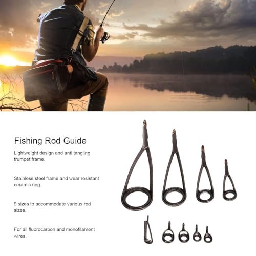 HERCHR 9PCS Fishing Rod Tip Repair Kit, Stainless Steel Ceramic Guides Rod Guide Eyelets Top Ring for Fishing Pole Tip Replacement Supplies