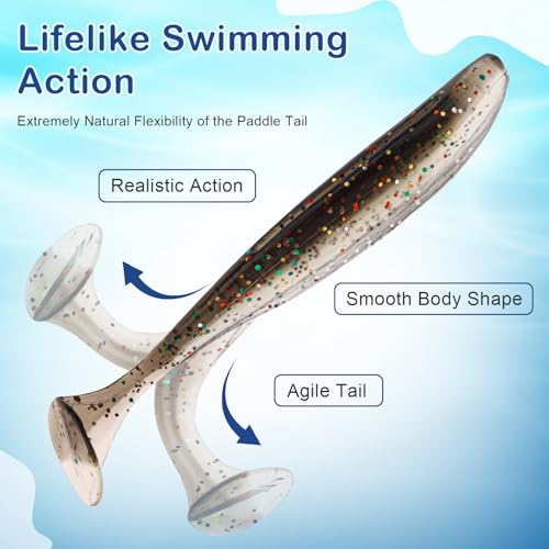 30pcs Soft Plastic Fishing Lures Paddle Tail Swimbaits Soft Baits Lure for Bass Crappie Trout Shad Freshwater Saltwater Fishing Mixed 3.5 Inch 4.7 Inch Swim Bait Kit with Box - color: Black*30