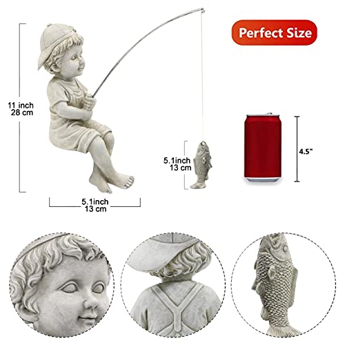 Goodeco Fisherboy Statue Garden Decor - 11" Little Fishing Guy for Koi Pond or Waterfalls, Poolside Statue with Glow in Dark Pebbles Included, Great Gifts for Mom, Women or Birthdays, Gift Ideas - color: Fisherman