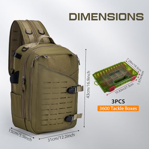 Goture Khaki Tackle Bag with Trays Rod Holder 900D Durable Fishing Tackle Storage Bag for Kayak, Shore Fishing - color: Khaki, style: 900d Water-resistant Oxford Backpack + (3)3600 Trays